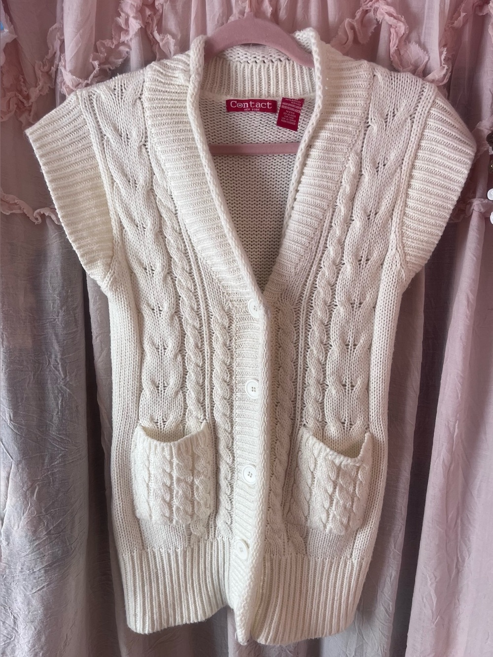 Vintage Contact New York Cream Cable-Knit Short-Sleeve Cardigan Sweater
